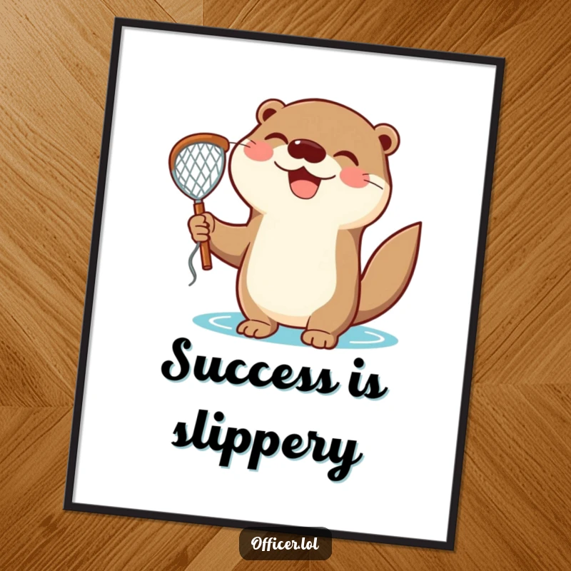 Funny Digital Art Print: Delighted otter holds a net with a triumphant smile, adding instant joy and humor.