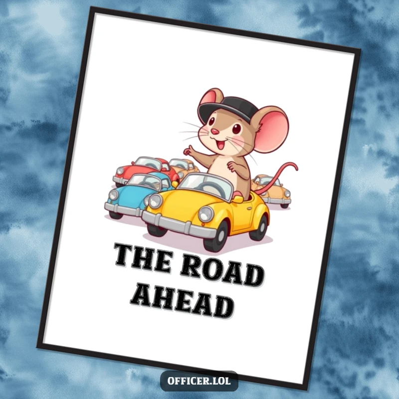 Funny digital art print of a determined mouse in a hat directing tiny cars, perfect for wall decor.