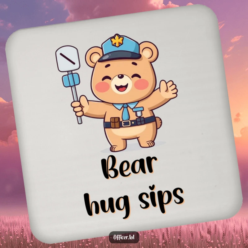 Funny drink coasters: A smiling bear officer directing traffic, a cheerful and funny gift.