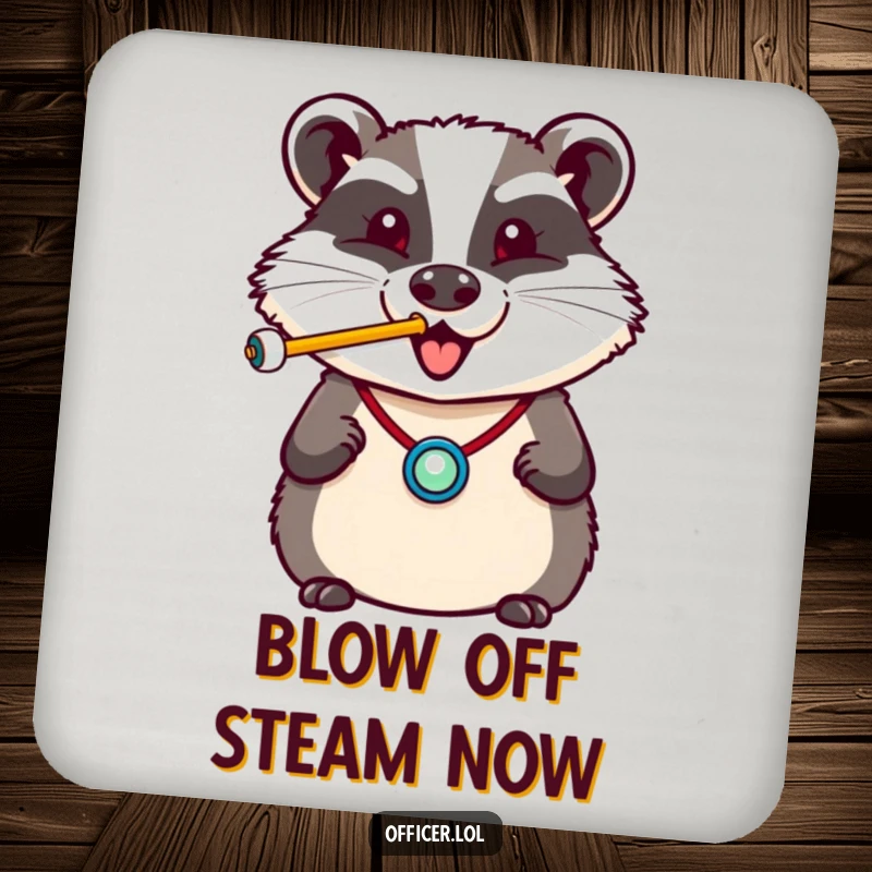 Funny drink coaster with a cheerful badger wearing a badge, blowing a whistle with a happy puff, ready to protect.