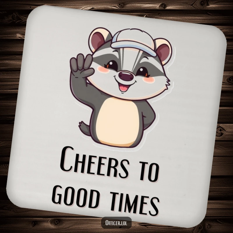 Funny drink coasters featuring a jovial badger giving a friendly salute, protecting surfaces with style.