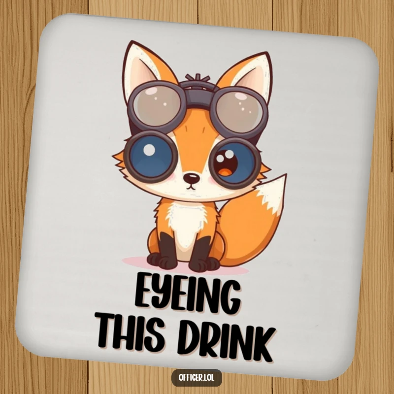 Curious fox peering through oversized binoculars, featured on a coaster to bring observant charm to tables.