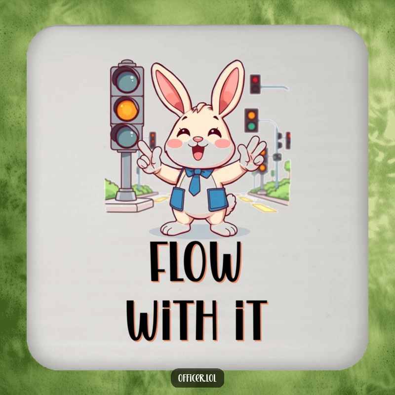 Funny drink coaster showing a cheerful cartoon bunny directing traffic with enthusiastic paw gestures, protecting surfaces.