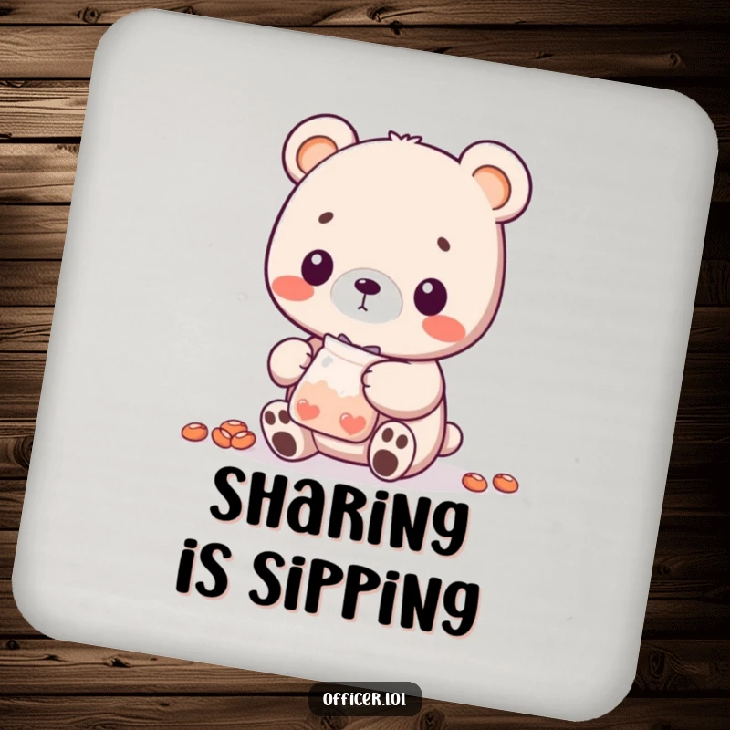 Funny Bear Cub Coaster: A sweet bear cub character offers a bag of treats, adding a cute and humorous element to drink protection.