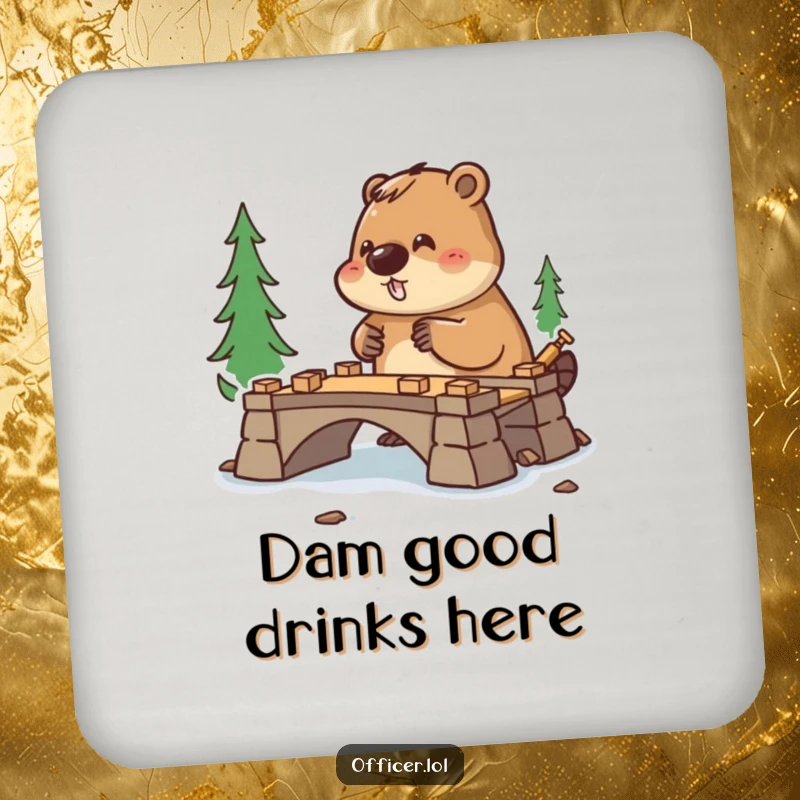 Funny coaster design of a diligent beaver directing bridge construction, protecting surfaces with a smile.