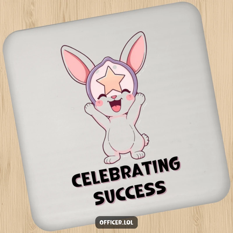 Funny coaster showing a playful bunny holding a large, shiny badge aloft, adding a humorous touch to any drink setting.