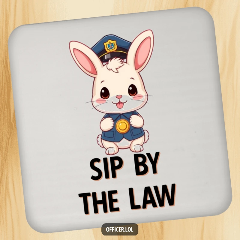 Funny drink coasters: A cute bunny officer with a badge, a charming and funny gift.