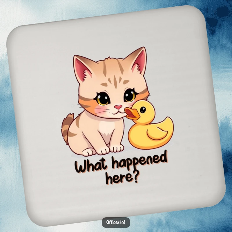 Funny drink coaster featuring a focused cartoon cat giving a curious stare to a rubber duck, protecting surfaces.