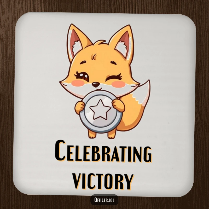 Funny drink coaster featuring a giggling cartoon fox holding a shiny badge and winking, celebrating success.