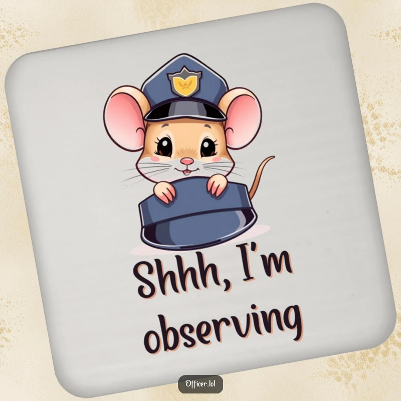 Funny Coaster: Curious mouse peeks from behind a police hat, protecting surfaces with humor.