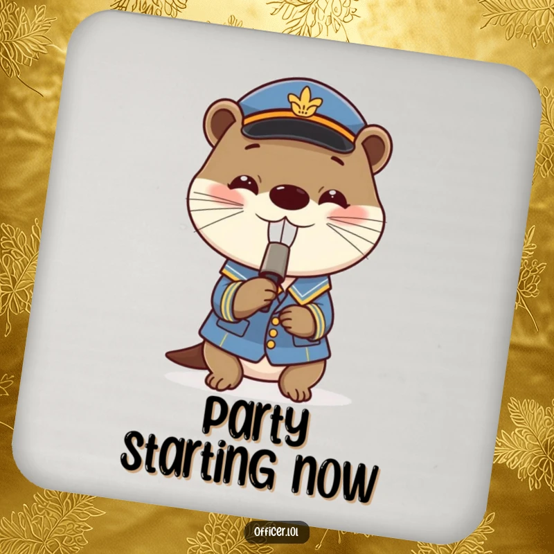 Funny drink coaster featuring a playful otter in a uniform blowing a tiny whistle with a grin, protecting surfaces.