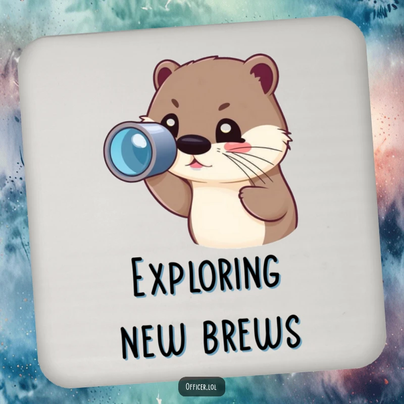 Funny coaster featuring a cute otter character peering through a spyglass with a focused but joyful gaze.