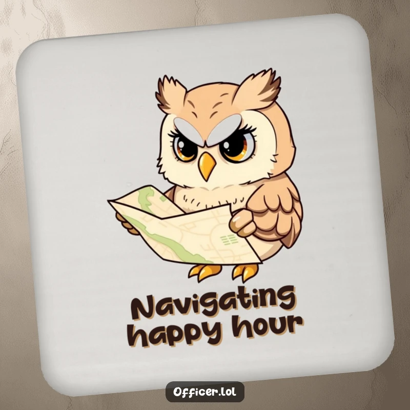 Funny coaster design of a wise owl studying a map, adding a cheerful and intelligent touch to tabletops.