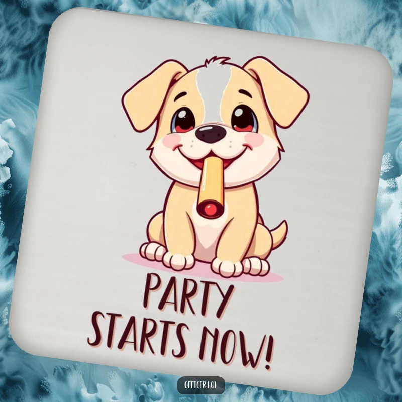 Funny coaster showing a cheerful puppy blowing a whistle with an excited grin, adding a humorous touch to any drink setting.