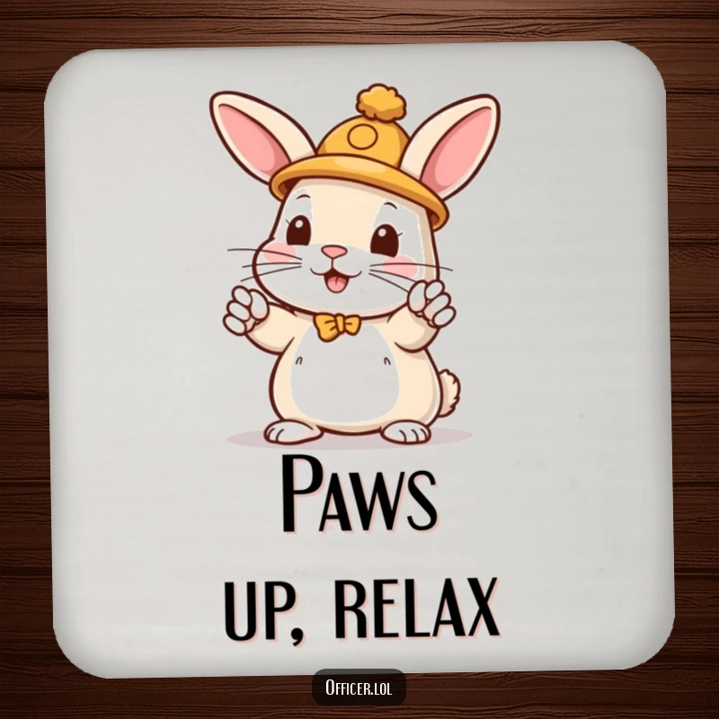 Funny drink coaster with a playful rabbit in a hat directing traffic with enthusiastic paws, ready to protect.