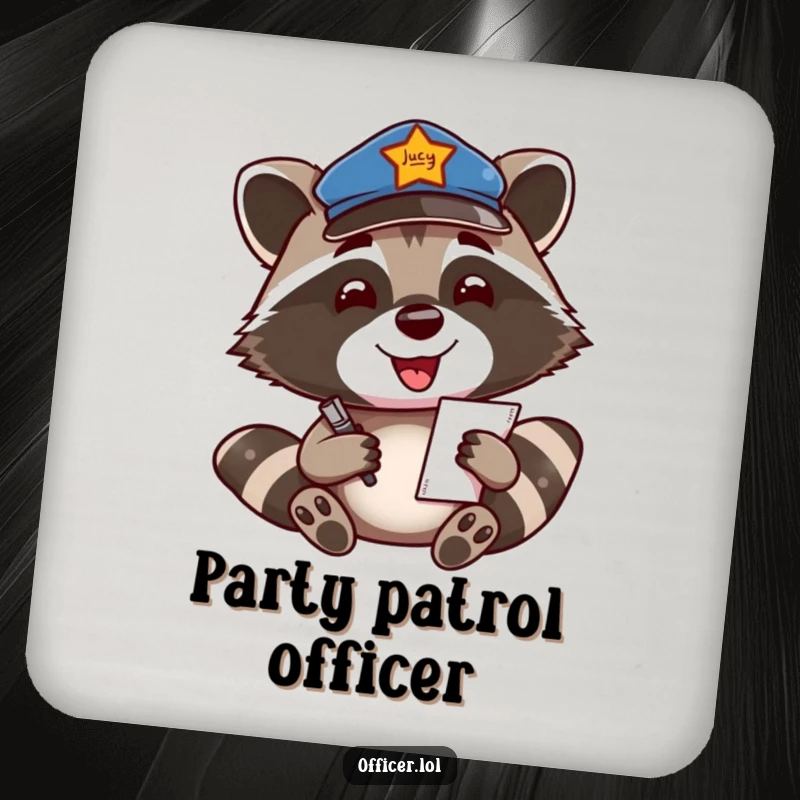 Funny Coaster: Smiling raccoon officer writes a ticket, protecting surfaces with humor.