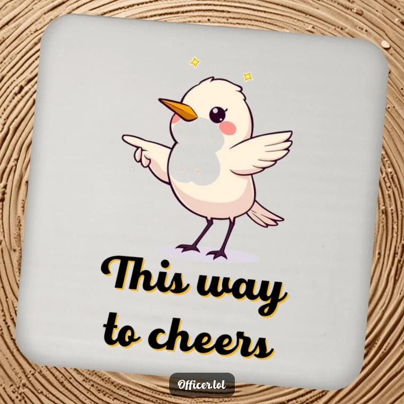 Funny drink coasters featuring a twinkling starling making a clear directive pointing gesture, stylish protection.