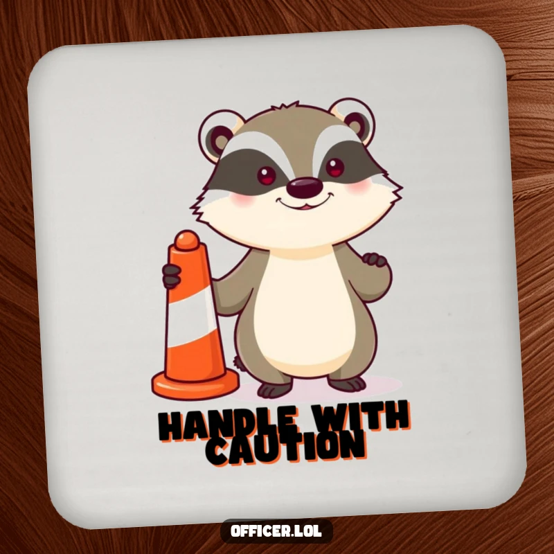 Funny drink coaster with a determined badger holding a striped traffic cone, protecting surfaces with humorous, proud flair and character.