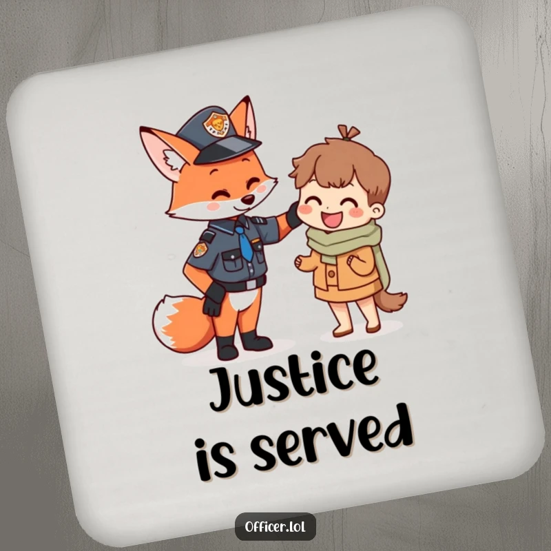 Funny Fox Officer Coasters featuring a charming fox officer patting a tiny citizen, adding a touch of humor and protection to your surfaces.