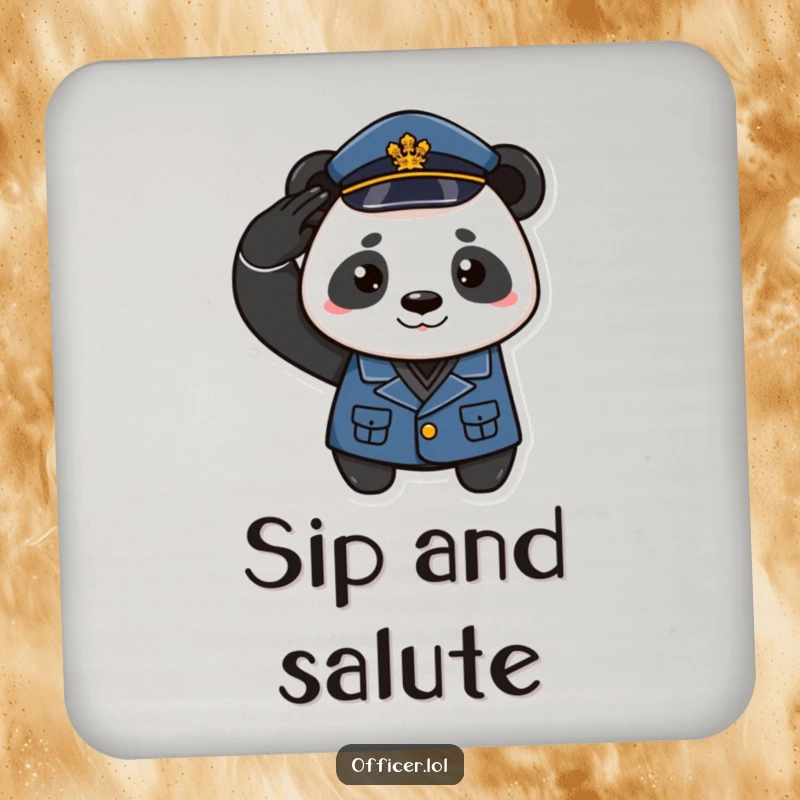Funny drink coaster featuring a playful panda in uniform saluting with a proud smirk, protecting surfaces humorously.