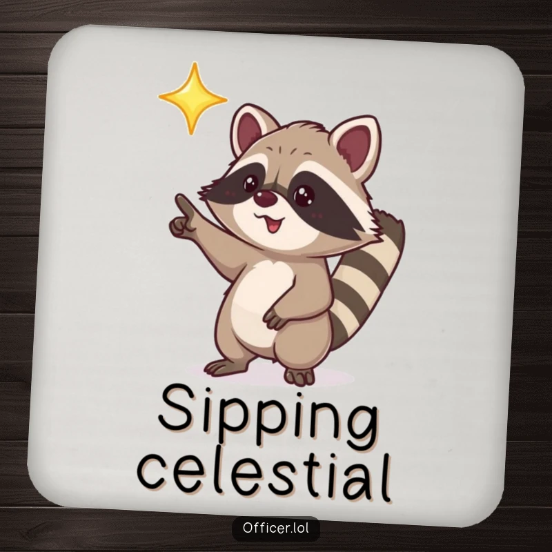 Funny coaster featuring a playful raccoon character excitedly pointing towards a bright, shining star.