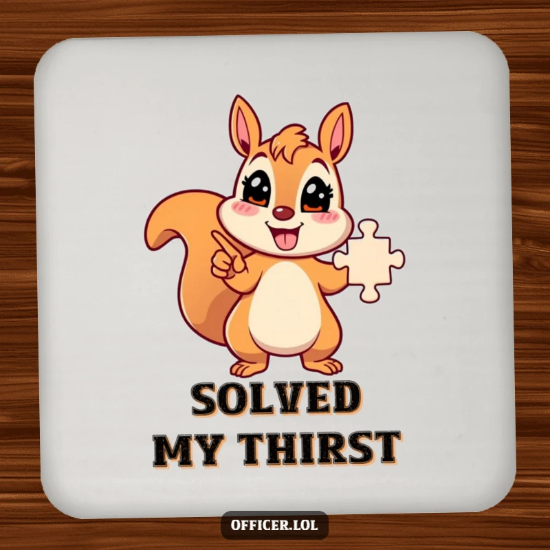 Funny energetic squirrel character pointing at a solved puzzle, smart drink accessory.