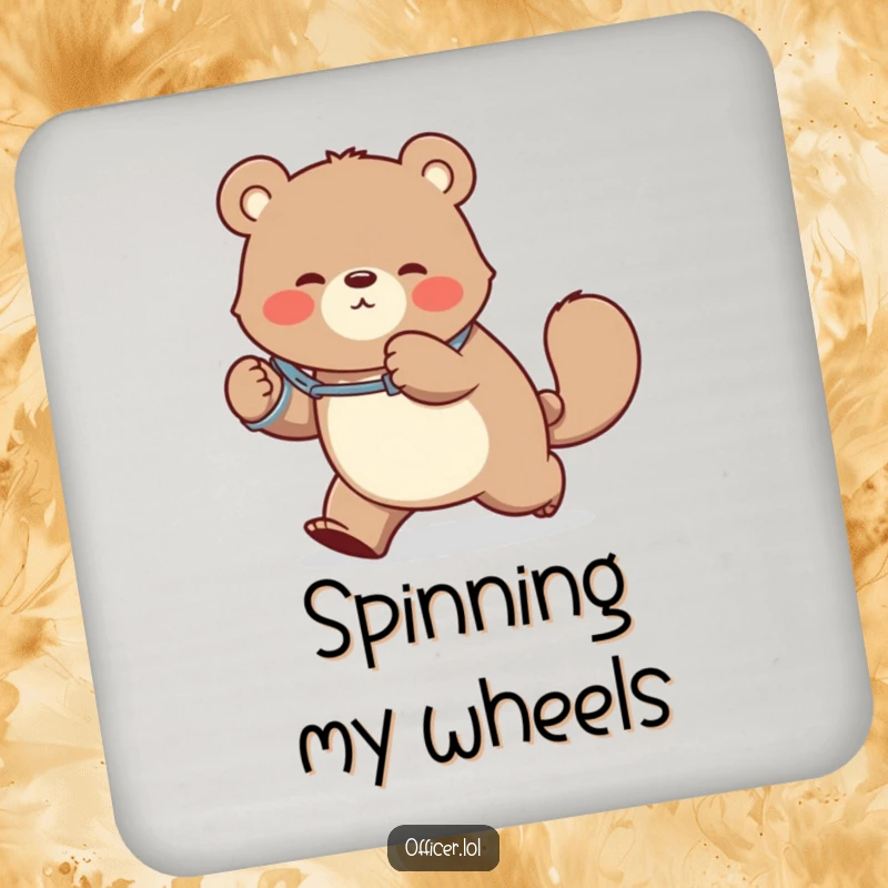 Funny drink coasters featuring a bear in handcuffs playfully chasing its tail, a humorous way to protect furniture from spills.