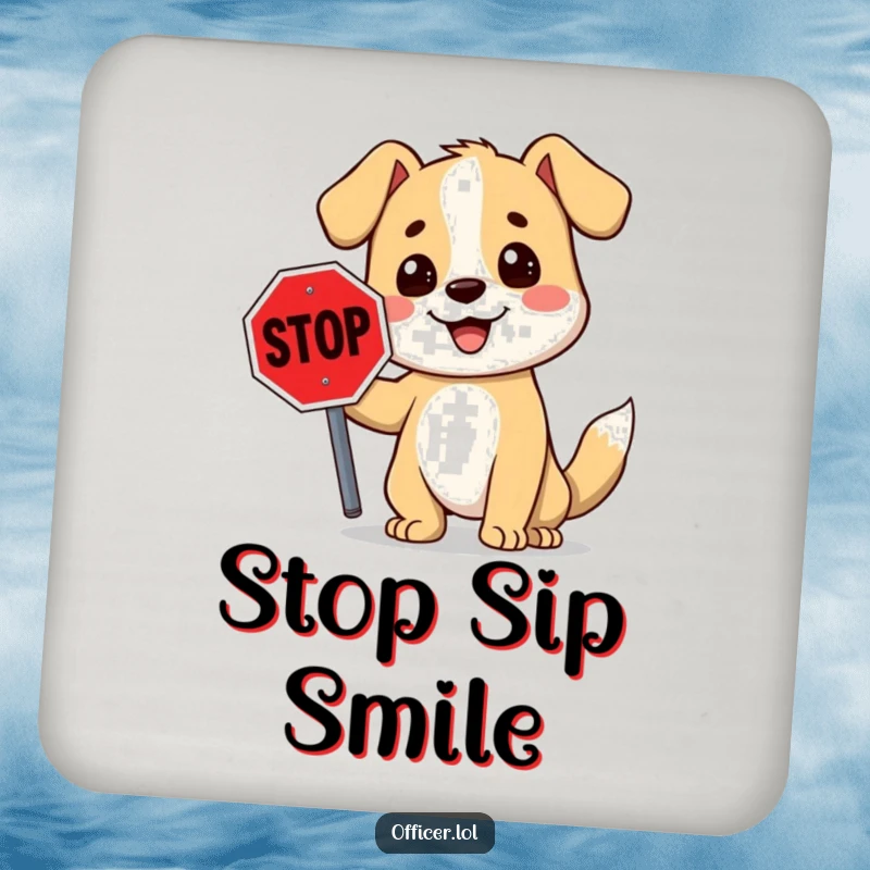 Funny stop sign dog coasters showcasing a smiling cartoon dog holding a stop sign, adding a humorous touch to drink service.
