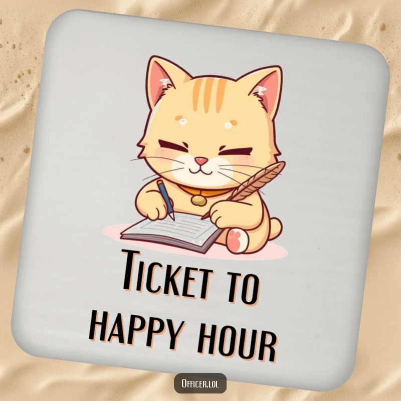 Funny drink coaster featuring a diligent cat writing a ticket with a quill, a humorous way to protect surfaces.