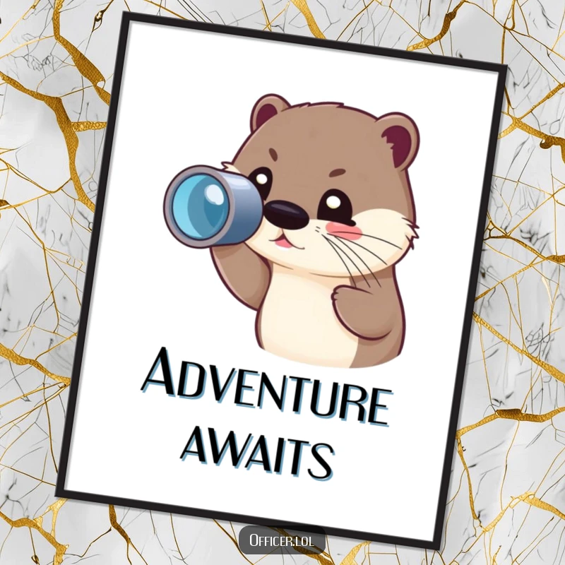 Funny poster of a cute otter character joyfully peering through a spyglass with a focused, adventurous gaze.