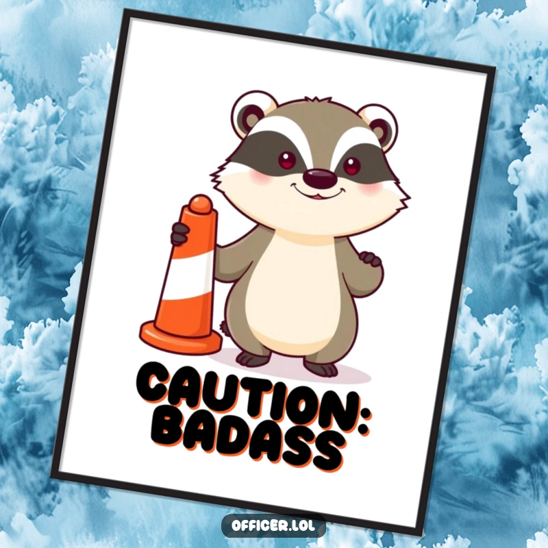 Funny poster print of a determined badger standing proudly with a striped traffic cone, adding a humorous and bold statement to any wall.