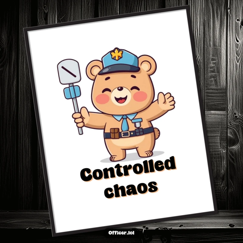 Funny poster: A smiling bear officer guiding traffic, a cheerful and funny gift.