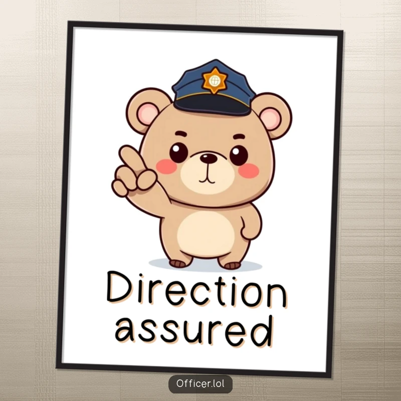 Funny poster of a determined cartoon bear police officer wearing a small hat and pointing forward with a stern, happy look.