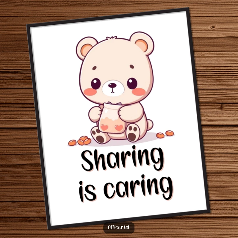 Funny Bear Cub Poster: A cute bear cub character is shown presenting a small bag of treats with a welcoming nod, radiating warmth.