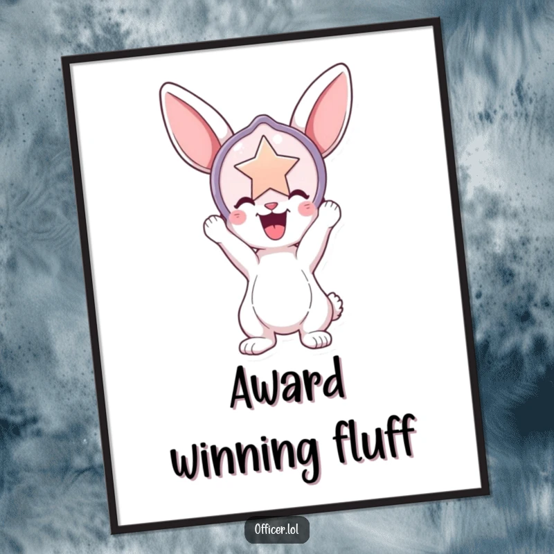 Funny poster of a playful bunny triumphantly holding a large, shiny badge aloft, symbolizing victory and joyful pride.