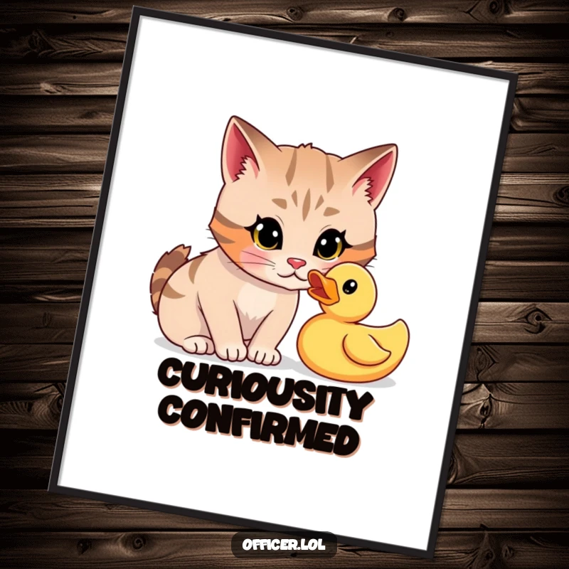 Funny poster of a focused cartoon cat giving a playful, curious stare to a rubber duck, questioning its secrets.
