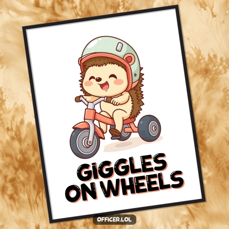 Funny poster of a happy hedgehog wearing a helmet and riding a tiny tricycle, bringing infectious joy and playful energy to any room.