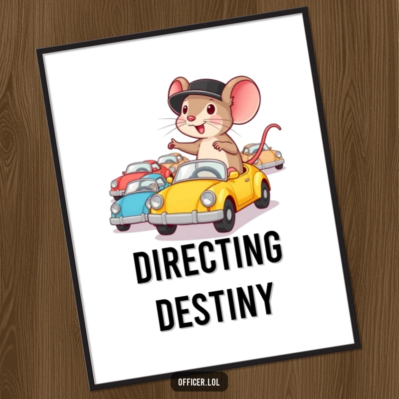 Funny poster of a determined mouse in a hat enthusiastically directing tiny cars, symbolizing focus and drive.