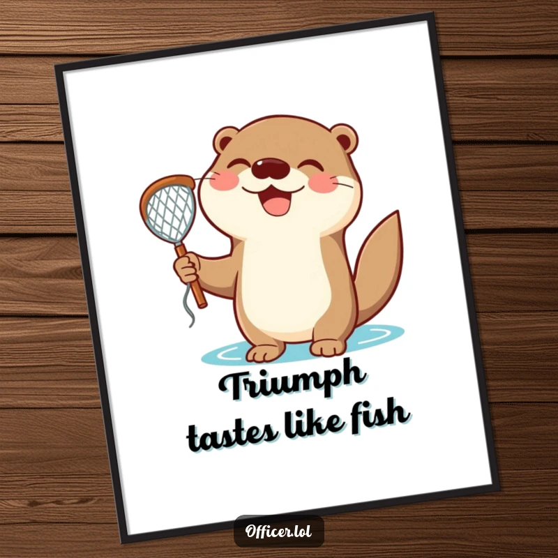 Funny Poster: A triumphant cartoon otter holds a net with a wide, happy smile, celebrating a successful catch.