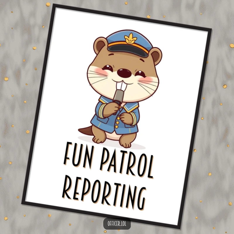 Funny poster of a playful otter in a small uniform blowing a tiny whistle with a contagious grin, great for walls.