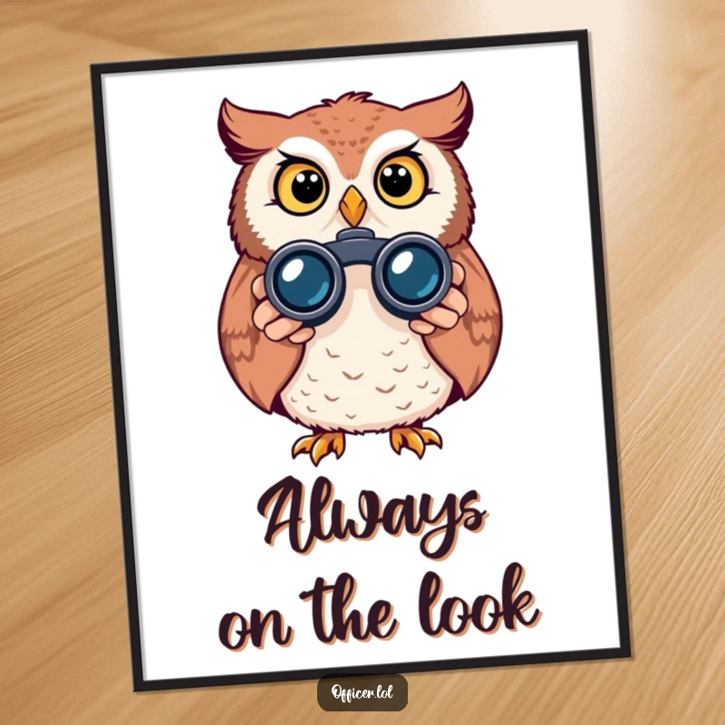 Funny owl poster, alert and curious bird peeking through binoculars, vibrant artwork, perfect for adding humor to walls.