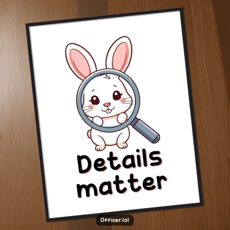 Funny poster print of a shy rabbit peeking from behind a large magnifying glass, adding a humorous and inquisitive element to wall decor.
