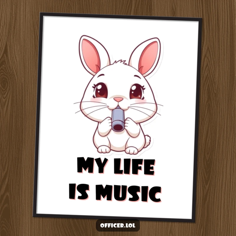 Funny rabbit poster, happy animal blowing a small whistle with wide, joyful eyes, conveying cheerfulness.