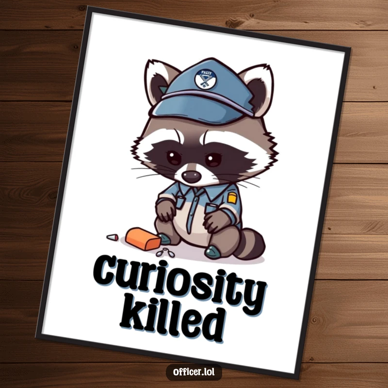 Funny raccoon officer poster, curious raccoon examining a dropped item, intriguing wall art.
