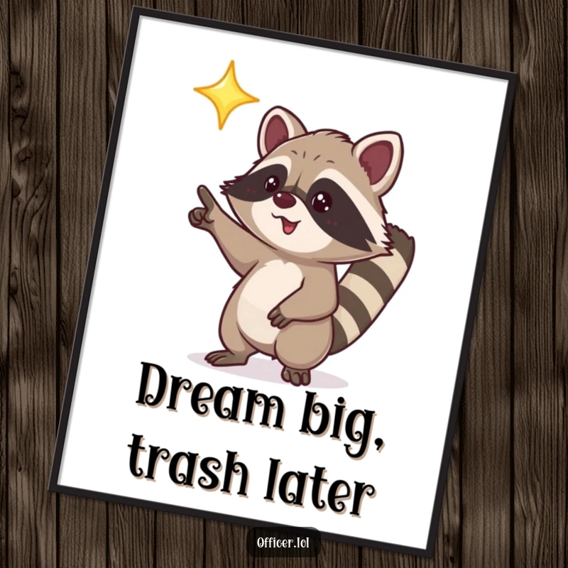 Funny poster of a playful raccoon character excitedly pointing towards a bright, shining star, full of aspiration.