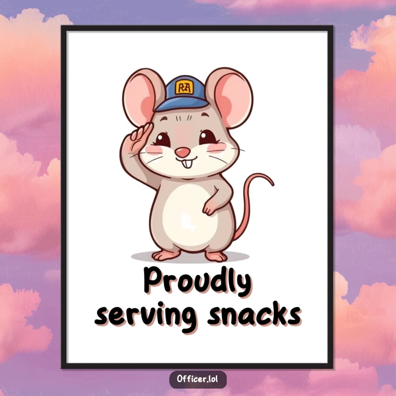 Funny tiny mouse character saluting with a tiny hat and proud smile, charming wall art.