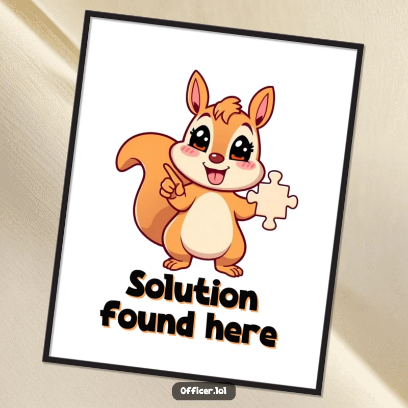 Funny energetic squirrel character pointing towards a solved puzzle, inspiring wall decor.