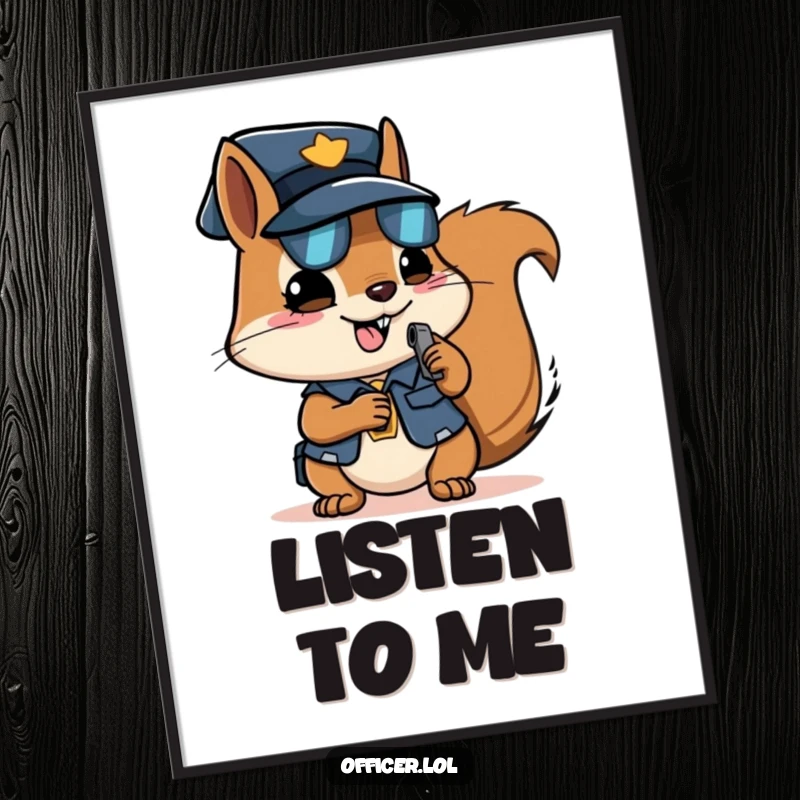 Funny squirrel officer poster, determined squirrel blowing a whistle, motivational wall art.