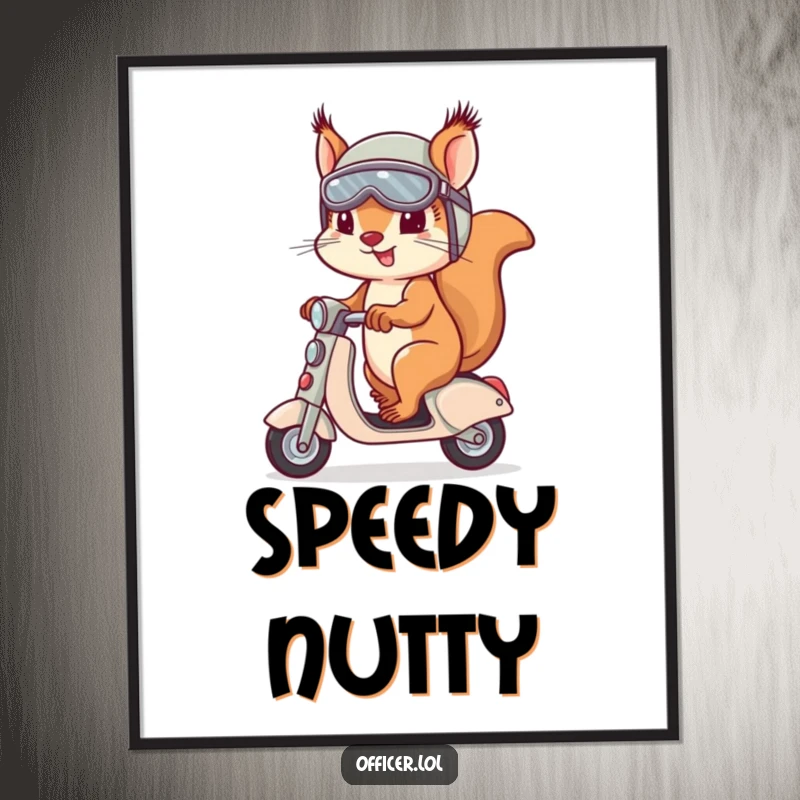 Determined squirrel wearing helmet and goggles, speeding on a tiny scooter, creating dynamic wall art for adventurers.