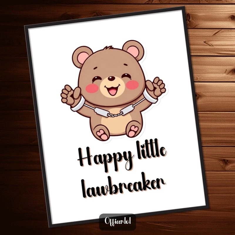 Funny poster of a cheerful bear wearing small handcuffs, smiling sweetly and giving a friendly wave.